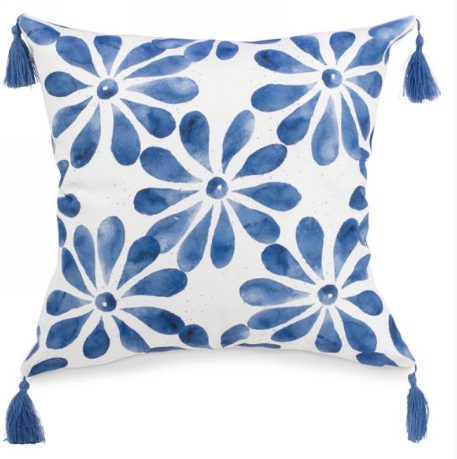 BLUE FLORAL CUSHION WITH TASSELS
